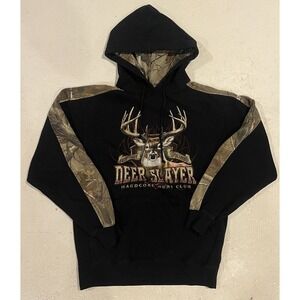 Vintage Buck Wear Deer Slayer‎ Black Hoodie w/ Camo Trim Large Graphic Size M